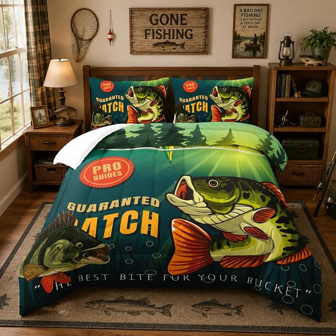 Nttopship Big Pike Fish Comforter Sets, Hunting and Fishing Pattern Bedding Set Queen Size for Kids,Fishing Underwater Animals Bedding Sets All Season 1 Comforter and 2 Pillowcases by Nttopship