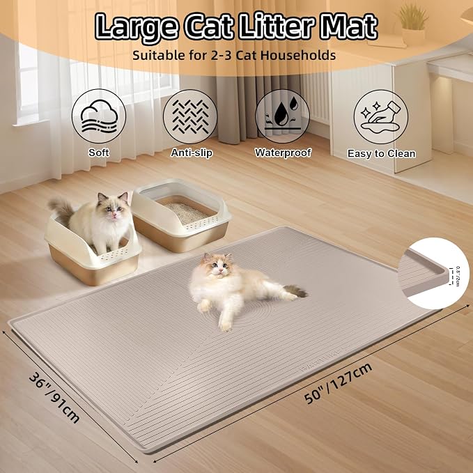Silicone Cat Litter Mat 50" x 36" Cat Mat for Litter Box, Khaki | Extra Large Cat Litter Trapping Mat for Floor, Waterproof, Non-Slip Kitty Litter Box Mat with Raised Edge, Easy to Clean - Image 2
