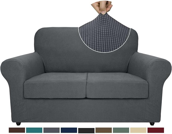 ZNSAYOTX 3-Piece Loveseat Slipcovers High Stretch Spandex Sofa Slip Cover Living Room Love Seat Couch Covers for 2 Cushion Couch Jacquard Small Checks Furniture Protector (Dark Grey, Loveseat) - Image 8