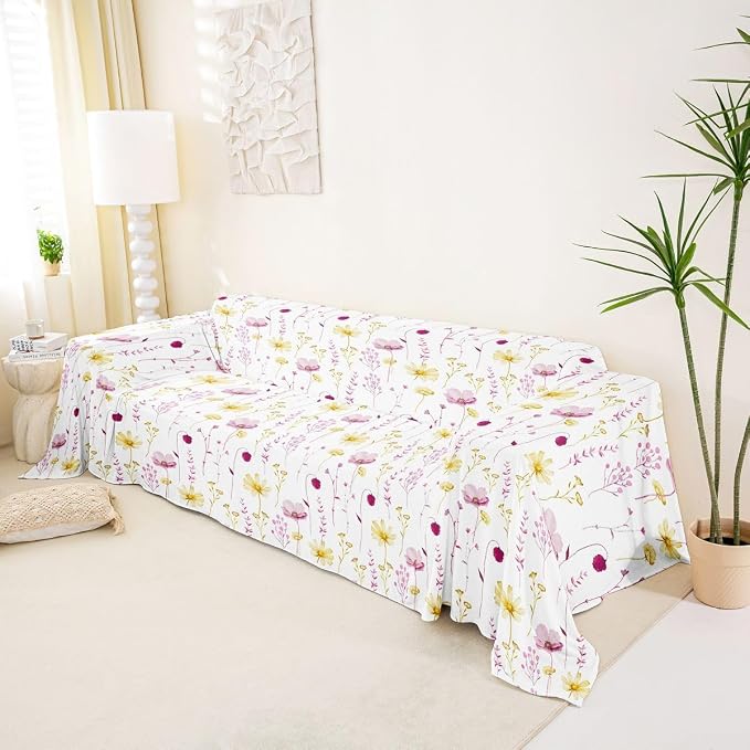 Erosebridal Watercolor Floral Couch Cover Hot Pink Flower Sofa Cover Modern Minimalist White Couch Protector for Cushion Couch Sofas Rustic Farmhouse Washable Non Slip Sofa Slipcover, 71" X 134" - Image 2