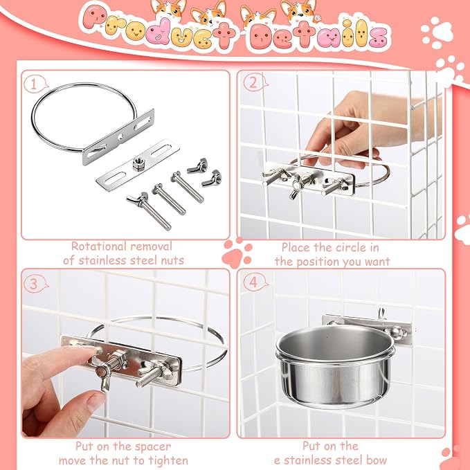 Silkfly 14 Pack Stainless Steel Hanging Dog Crate Bowls, Non-Spill Kennel Food & Water Bowls with Screw Clamp Holders, Removable, Easy to Clean Metal Cage Feeder for Pets(12 oz) - Image 4