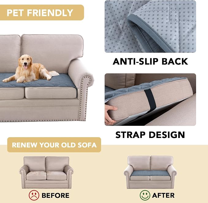 H.VERSAILTEX Couch Cover Chenille Pet Fuzzy Sofa Covers for 2 Cushion Couch Anti Slip Washable Sofa Slipcovers with Strap Soft Couch Protector Cover for Dogs Cats Kids(27.6" x 59", Stone Blue) - Image 4