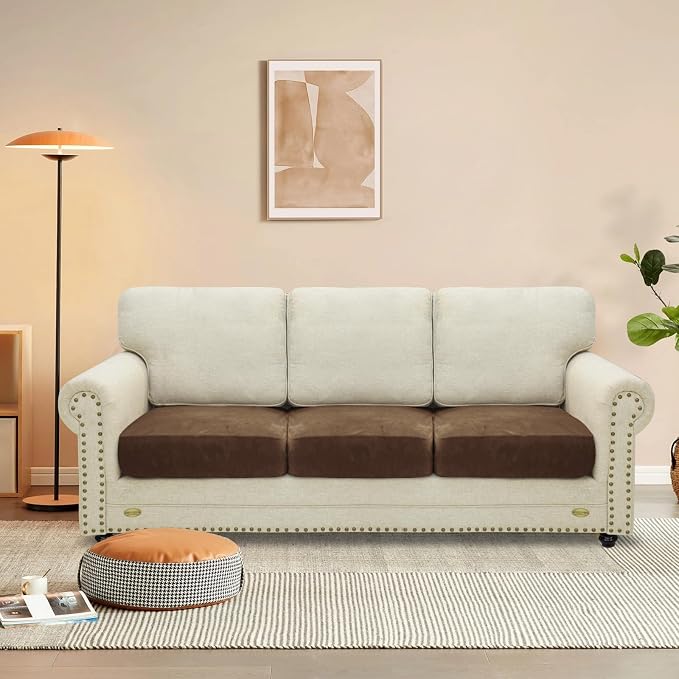 MAXIJIN Velvet Stretch Cushion Covers Fitted Couch Cushion Slipcovers Sofa Seat Cushion Covers for Individual Cushions with Elastic Bottom (3 Piece Sofa Seat Slipcovers, Dark Coffee) - Image 2