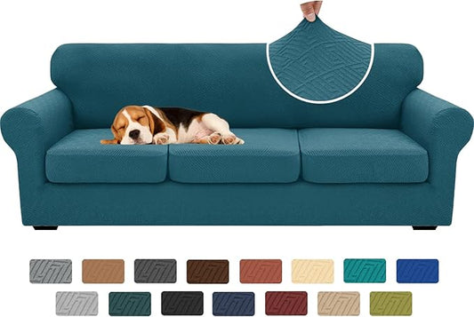 XINEAGE New 4 Pieces Extra Large Couch Covers for 3 Cushion Sofa Super Stretch Sofa Cover for 3 Large Seat Cushion Universal Slip Cover for Living Room (Peacock Blue), 91"-110"(3 Cushions) by XINEAGE