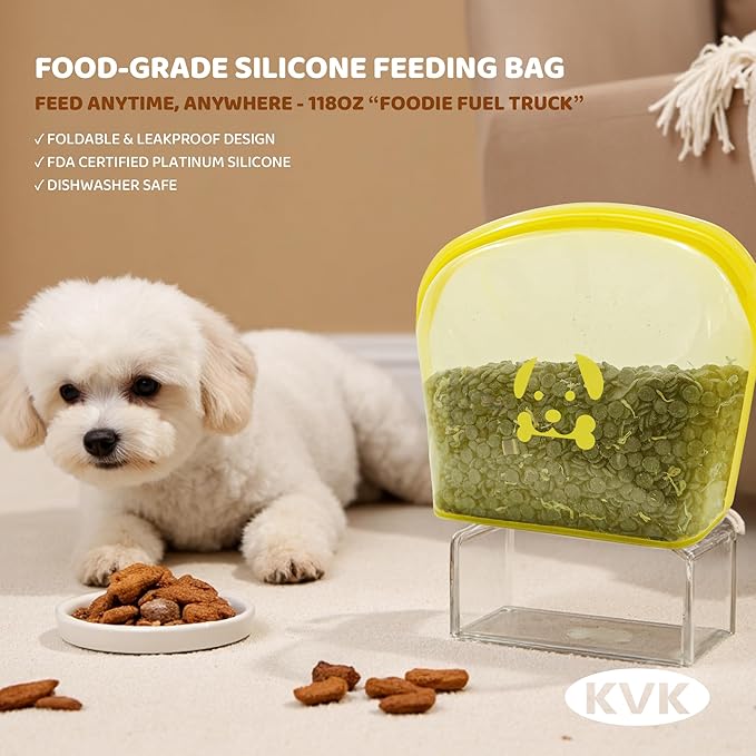 KVK Extra Extra Large Silicone Dog Food Mat 39.4×43.3in and 128oz Silicone Bag Set, Super Size Waterproof Pet Feeding Mat & Container, Non-Slip, Chew-Resistant Floor Protection (Beige&Yellow) - Image 4