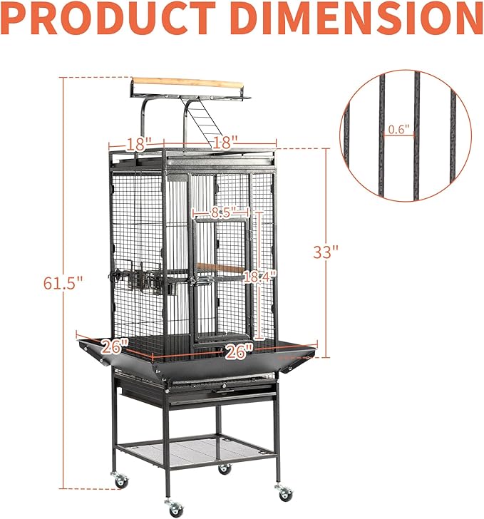 VINGLI Bird Cage with Wheels, 62 inch Bird Cages with Play Top, Wrought Iron Cage with Rolling Stand for Parrots, Cockatiels, Budgies, Lovebirds, Small/Medium Birds (Black) - Image 5