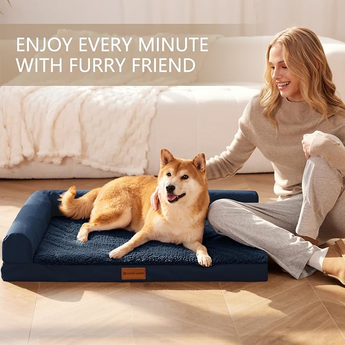 Patas Lague Orthopedic Large Dog Bed Pet Sofa Beds 36''X24'' Navy Blue | L Bolster Egg-Crate Foam Dog Couch For Large Sized Dogs, Waterproof Removable Washable Cover, Pet Mat with Nonskid Bottom - Image 2