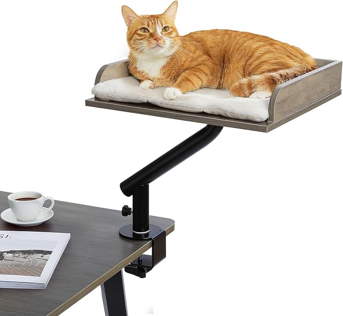 PAWZ Road Cat Desk Bed, Wooden Cat Bed for Desk Supports Up to 50 lbs, 360° Rotation & Adjustable, Nest Desktop Attachment Cats Hammock for Table, Gray by PAWZRoad