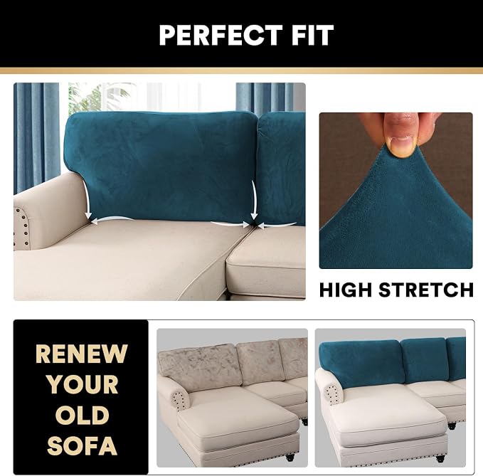 PrinceDeco Sectional Couch Covers Velvet Cushion Covers for Sectional Couch Washable Cushion Covers for Sectional Sofa Pet Friendly Sectional Sofa Slipcovers(1 Chaise Back+ 3 Sofa Back,Deep Teal) - Image 5