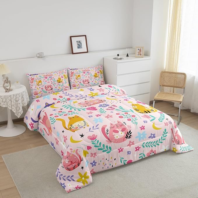 Feelyou Kids Funny Cats Bedding Set Girls Cute Flower Cartoon Kitty Kitten Comforter Set Toddler Size Animal Theme Duvet Insert Girly Kawaii Room Pink Decor - Image 2