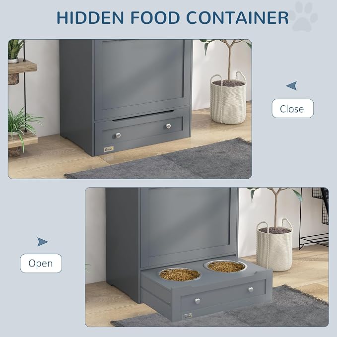PawHut Dog Feeding Station with Raised Bowls, Pet Feeder Station, Gray | Dog Food Storage Cabinet, Hanger for Feeding & Watering Supplies - Image 5