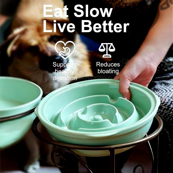Elevated Dog Bowl Stand with 3 Large Ceramic Bowls – Raised Feeding Station for Medium & Large Dogs, Includes 2 Standard Bowls + 1 Slow Feeder, Durable Iron Frame, Non-Slip (Lucite Green) - Image 4