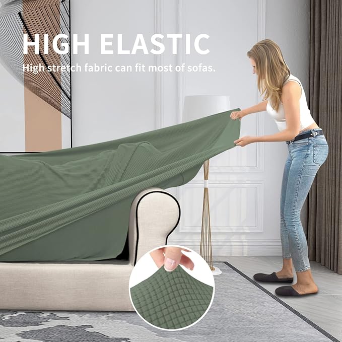 Easy-Going 4 Pieces Stretch Couch Cover Oversized Sofa Cover for Dogs Washable Sofa Slipcover for 3 Separate Cushion Couch Elastic Furniture Protector for Pets, Kids (Greyish Green, Oversized Sofa) - Image 4