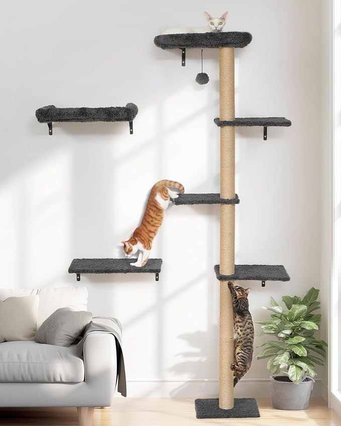 FUKUMARU Cat Wall Shelves Set, 70 inch Wall Mounted Tree, Grey | Kitten Scratching Post with Soft Cushion Perch, Space Saving Climbing Wall Furniture for 16 Inch Drywall by FUKUMARU