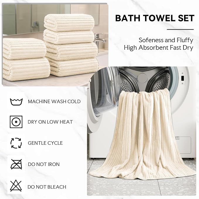 Extra Large Bath Towel Set 10 Piece, XL Bath Towels 35"x67" Oversized Bath Sheets, 280 GSM Microfiber Quick Dry Absorbent Towels, 5 Bath Sheets & 5 Hand Towels (Cream) - Image 6