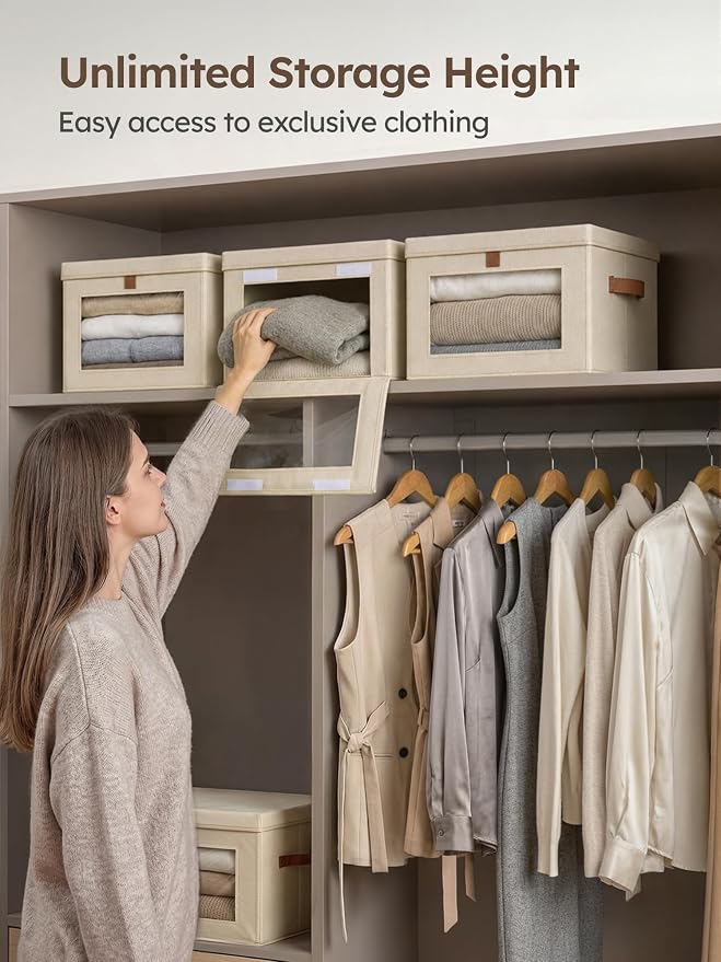 Homsorout Medium Fabric Storage bins - Collapsible Storage Bins with Open Window, 3 Pack Closet Baskets for Shelves, Stackable Decorative Boxes for Home, Dorm, Beige, 13.7"x 9.8" x 9.8" - Image 2