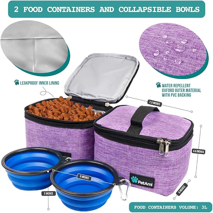 PetAmi Dog Travel Bag Organizer, Pet Travel Kit with 2 Food Containers & 2 Collapsible Dog Bowls, Pet Supplies Tote with Luggage Sleeve, Weekend Road Trip Camping Essentials, Purple, Medium - Image 3
