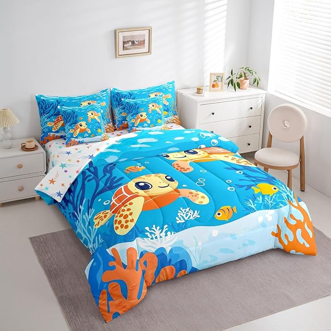 Erosebridal Cute Turtle King Size 7-Piece Bedding Set for Home Decor, Ocean Life Tortoise Bed in A Bag, Underwater World Sea Animal Comforter Set with Sheets, Colourful Coral Bedding Comforter Sets - Image 2