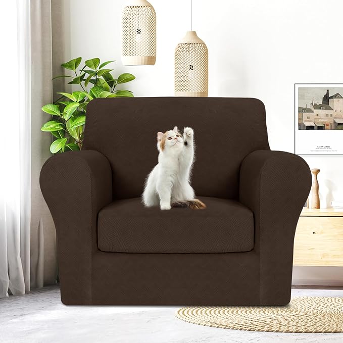 MAXIJIN 2 Piece Chair Covers Chair Slipcover with Arms, Sofa Chair Cover for Living Room Armchair Cover, Stretch Pet Dog Slip Cover for A Chair with 1 Cushion (31"-46", Coffee) - Image 3