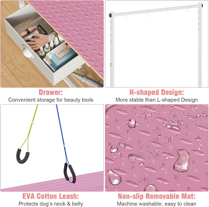32-Inch Adjustable Dog Grooming Table with Drawer & Mesh Tray, Pet Grooming Table with Non-Slip Removable Washable Mat & EVA Protective Lanyard, Professional Grooming Table for Small Dog at Home（Pink - Image 3