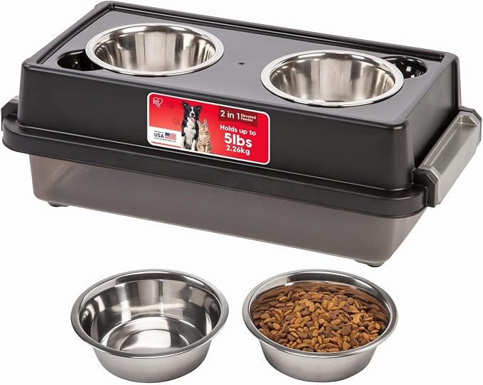 IRIS USA Elevated Dog Bowls with Storage, 6" H Raised Feeding Station, Dog Bowl Stand with Airtight Food Storage Holds 5 lbs, 4 Removable 16 oz Stainless Steel Food and Water Bowls, Smoke/Black by IRISUSA