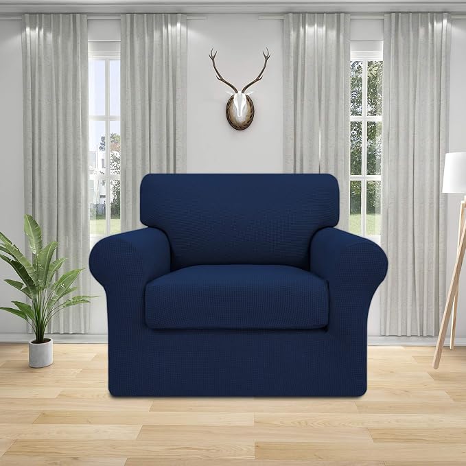 Easy-Going 2 Pieces Stretch Couch Cover Sofa Cover for Dogs Washable Sofa Slipcover for Separate Cushion Couch Spandex Jacquard Fabric Elastic Furniture Protector for Pets, Kids (Navy, Chair) - Image 2