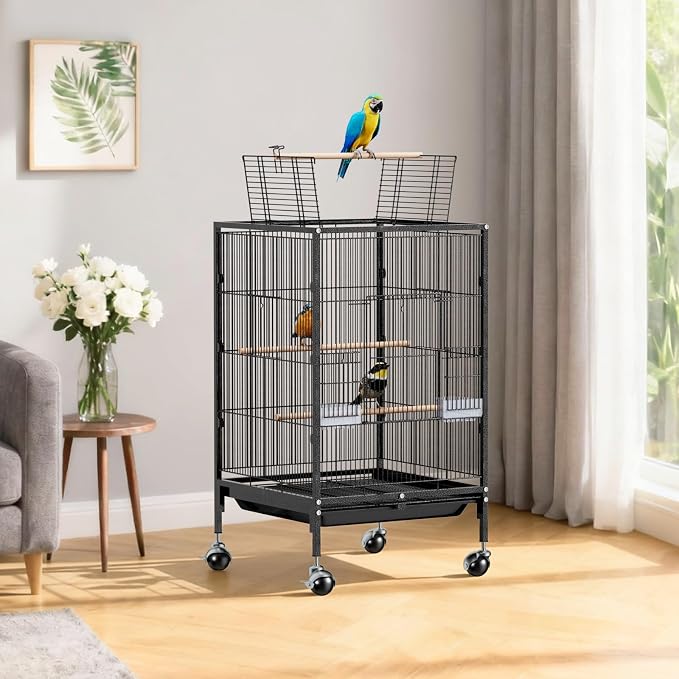 VINGLI 38-inch Bird Cage with Wheels, Durable Wrought Iron Parakeet Cage with Slide Out Tray, Black Bird Cages for Parakeets/Lovebird/Cockatiels/Budgies and Other Small/Medium Birds (Medium-38 inch) - Image 9