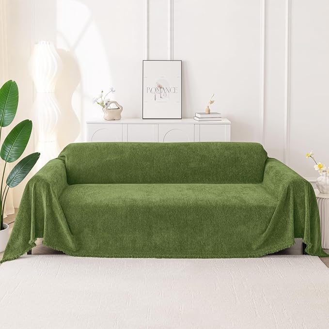 Smiry Couch Cover for Dogs, Chenille Sofa Covers for 3 Cushion Couch | Washable Soft Sofa Slipcover for Pets, Thick Sectional Furniture Protector with Tassels (Green, 88.5x134 Inch) - Image 10
