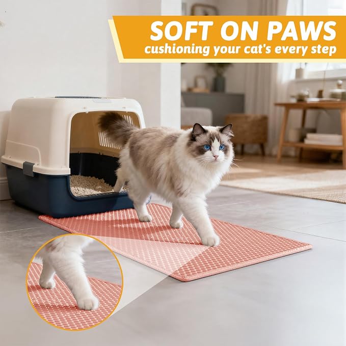 Pieviev Cat Litter Mat, Double-Layer Waterproof Design, 24" x 15" Coral Red | Honeycomb Litter Box Mat Catches Scattered Particles to Stop Tracking, Urineproof Base protects Floors, Easy to Clean - Image 4
