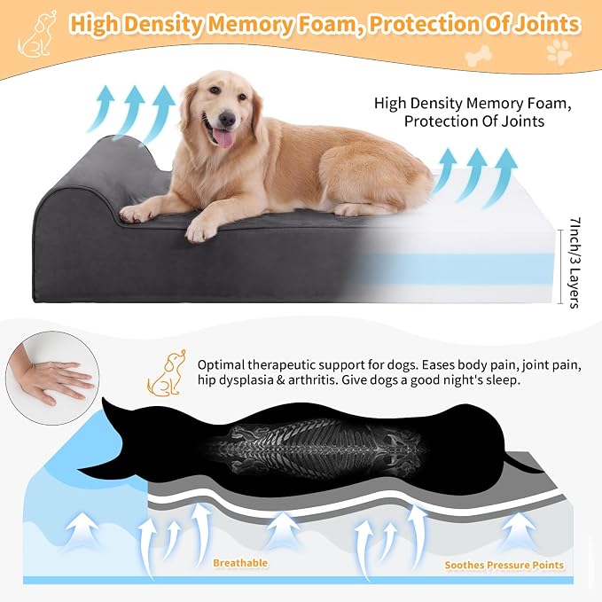 Rainmr Orthopedic Dog Beds for Large Dogs, 7" Memory Foam Dog Beds with Waterproof Liner, Durable Microsuede Cover, Removable and Washable, Nonskid Bottom, 52"x36"x7" XL Grey - Image 2