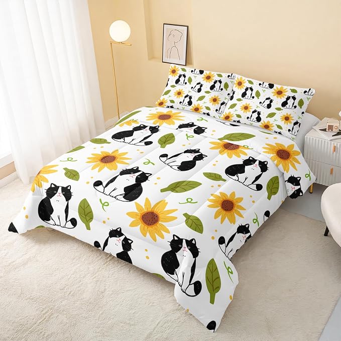 QOOMO Kawaii Cat Comforter Twin Size,Sunflower Cat Comforter Set for Kids Teens Girls Boys,3Pcs Bedding Set Printed Comforter with 2 Pillowcases,Down Alternative,Soft and Lightweight，Twin Size - Image 3