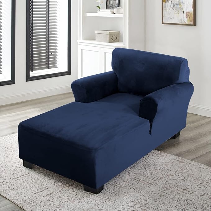 FantasDecor Velvet Chaise Lounge Cover Stretch Double Arm Chair Slipcover for Living Room Bedroom Soft Plush Fabric Machine Washable, Navy - Image 3