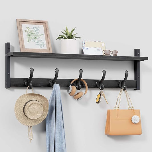 Tatub 29" Rustic Coat Rack Wall Mount with Shelf, Entryway Wall Hooks with Shelf, Coat Hangers for Bathroom, Living Room, Bedroom, Black by Tatub