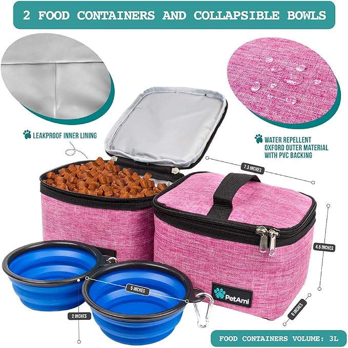 PetAmi Dog Travel Bag Organizer, Pet Travel Kit with 2 Food Containers & 2 Collapsible Dog Bowls, Pet Supplies Tote with Luggage Sleeve, Weekend Road Trip Camping Essentials, Pink, Medium - Image 3