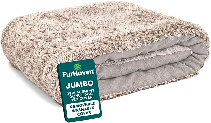 FurHaven Replacement Dog Bed Cover, Long Faux Fur for Calming Cuddlers, Machine Washable, Customizable Filling, Jumbo XL, Faux Fur, Taupe by FurHaven
