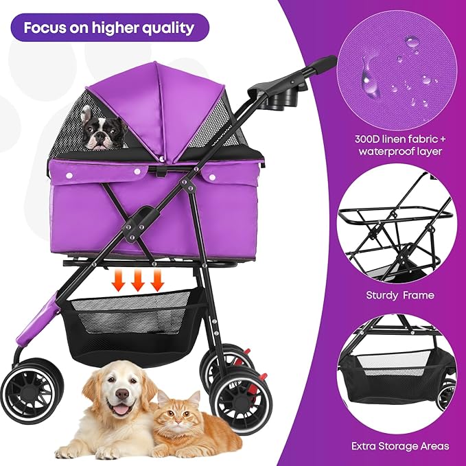 Pet Stroller,Dog Stroller for Small Medium Dogs Cats,3 Wheels,Foldable,with Breathable Mesh Canopy,Cup Holders,Easy Assembly,Purple