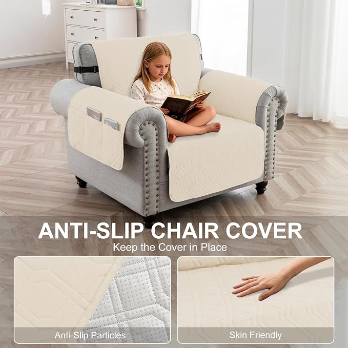100% Waterproof Couch Cover, Straps&Pockets,pet Friendly,23" Beige | Washable sofa cover, pet-friendly, scratch-resistant furniture protector, quilted sofa cover, reversible, non-slip backing. - Image 4