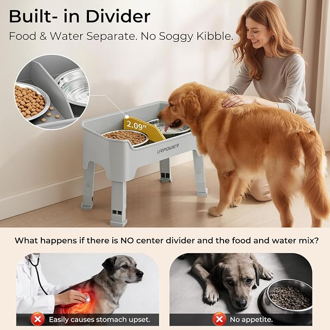 URPOWER Mess Proof Elevated Dog Bowls, Splash Guard Raised Bowl Stand | 4 Height Adjustable Raised Stand with 2 Stainless Steel Food Bowls & Licking Plate for Small, Medium & Large Dogs - Image 4