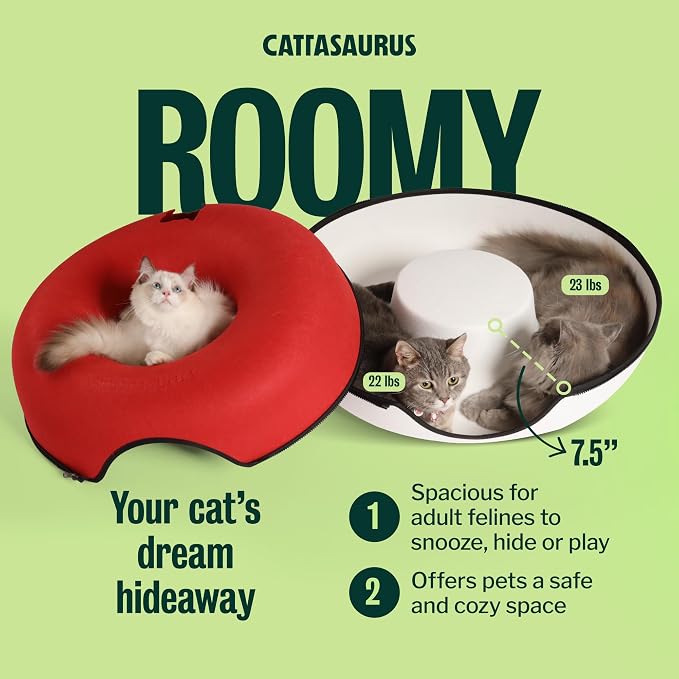 Cattasaurus Peekaboo Cat Cave Donut for Multiple & Large Cats up to 30-45 lbs, 3-in-1 Self Warming Cat Bed, Tunnel & Scratcher for Indoor Cats, Washable & Detachable Dog Bed (Ruby Snowball, Large) - Image 3