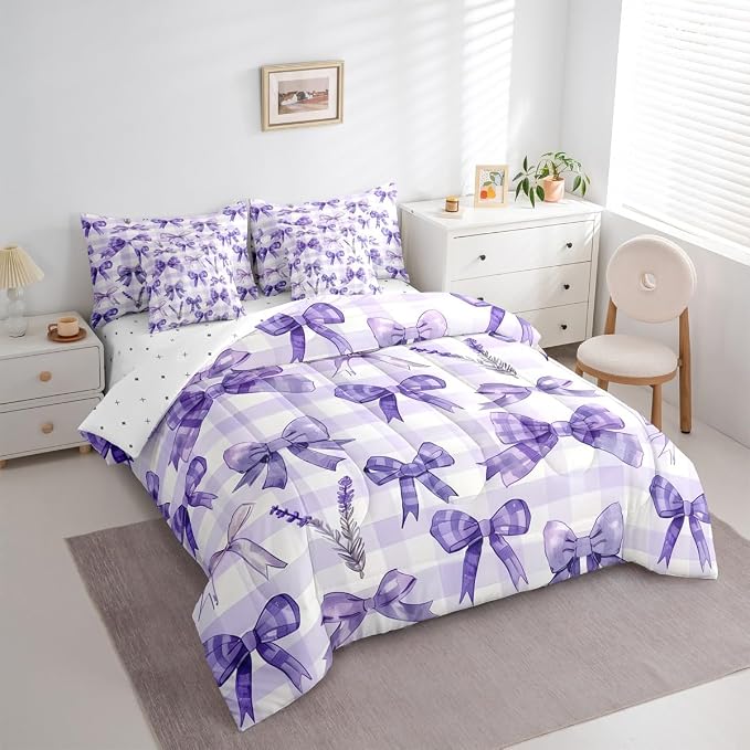 Feelyou Purple Bowknot 7 Piece Bedding Set Lavender Flower Comforter Set with Sheets for Kids Boys Girls Purple Stripe Bed in a Bag Princess Theme Bed Set Soft Lightweight - Image 3