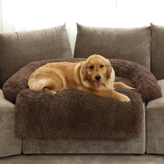 GGIB Calming Dog Bed Fluffy Plush Dog Mat for Furniture Protector with Removable Washable Cover for Large Medium Small Dogs and Cats (Extra Large (53x39.3x6), Coffee) by GGIB
