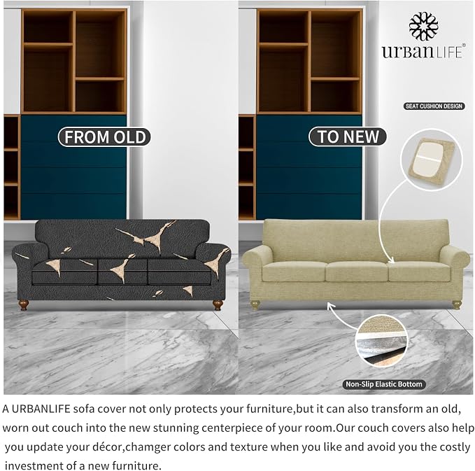 URBANLIFE 4-Piece Stretch Sofa Covers for 3 Cushion Couch, Coffee | Super fitted spandex slipcovers for couches. Non-slip elastic bottom. Machine washable furniture protector for kids & pets. - Image 5