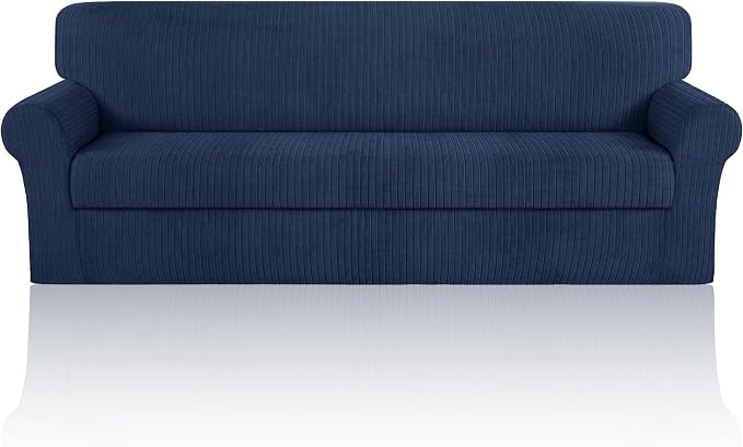 Oversized Sofa Cover Stretching Skid Resistance Couch Cover for Pets Washable, Thick and Durable Soft High Spandex Striped Pattern Sofa Covers (Oversized Sofa, Navy) by ChengEase