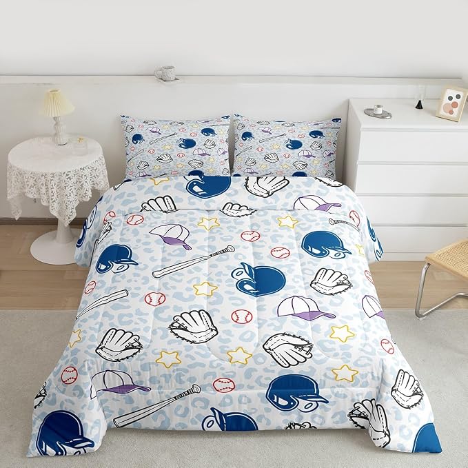 Baseball Comforter Set Twin Size,Blue Leopard Print Bedding Set 2pcs for Kids Boys Girls Room Decor,Cartoon Baseball Bat Hat Quilt Set Ball Sports Game Duvet Insert with 1 Pillowcase,Colorful - Image 4