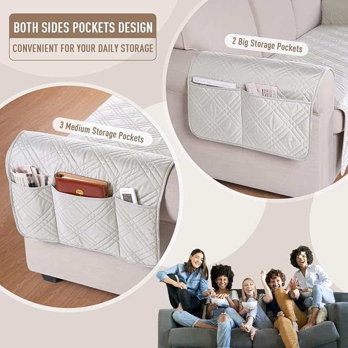 TAOCOCO Waterproof Couch Covers for Pets Dogs with Non Slip Backing, Sofa Seat Covers with Side Pocket for 3 Cushion Couch Washable Dog Couch Cover Protector Sofa Slipcovers(Sofa, Off White) - Image 6