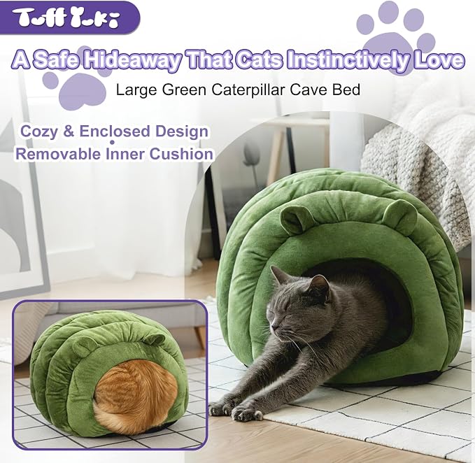 Cat Cave Bed, Orthopedic Memory Foam Anti Anxiety Cat Bed for Indoor Cats, Cozy Plush Caterpillar Tunnel Cat Bed, Non Slip Pet Bed Fits Cats Up to 15 lbs, Green - Image 3