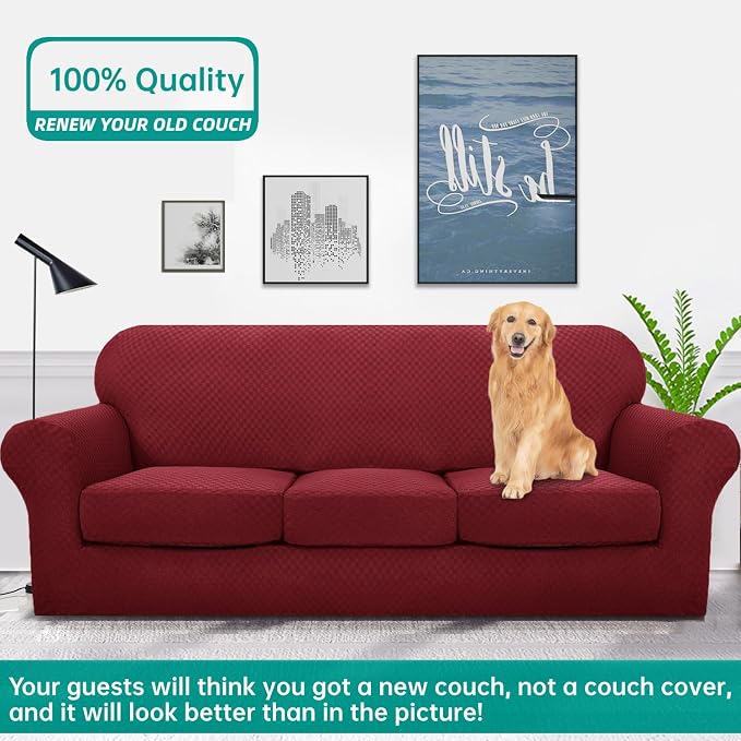 YEMYHOM Latest Checkered 4 Pieces Couch Covers for 3 Cushion Couch Extra Large High Stretch Thickened Sofa Cover for Dogs Anti Slip Furniture Protector Sofa Slipcovers (Wine Red), 91"-110"(3 CUSHIONS) - Image 2