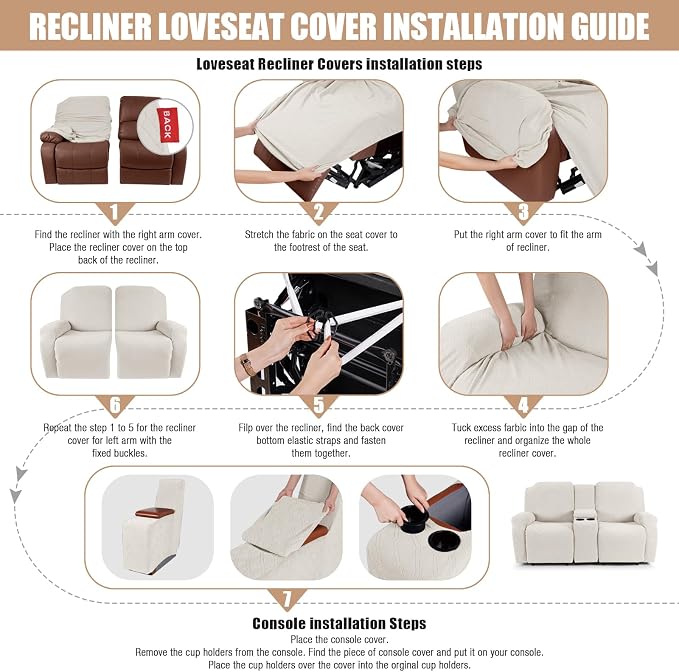 VANSOFY Recliner Loveseat Cover with Middle Console Stretch Reclining Sofa Slipcover for 2 Seat Jacquard Reclining Couch Sofa Covers Furniture Protector with Elastic Straps Bottom (Off White) | 4-Pieces, Soft Furniture Protector, Washable Slipcover wit... - Image 6