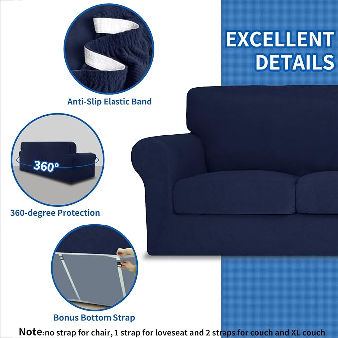 MAXIJIN 3 Piece Couch Covers for 2 Cushion Couch Sofa Cover, Stretch Loveseat Sofa Slipcovers for Sofas with 2 Large Cushions, Thick Dogs Pet Furniture Covers (71"-91", Navy Blue) - Image 4