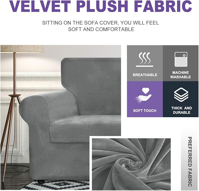 ZNSAYOTX Luxury Velvet Sofa Cover 3 Piece (57"-70") Stretch Loveseat Covers for 2 Cushion Couch Thick Soft Couch Slipcover with Non Slip Strap, Dog Pet Friendly Nice Furniture Protector (Grey) - Image 3